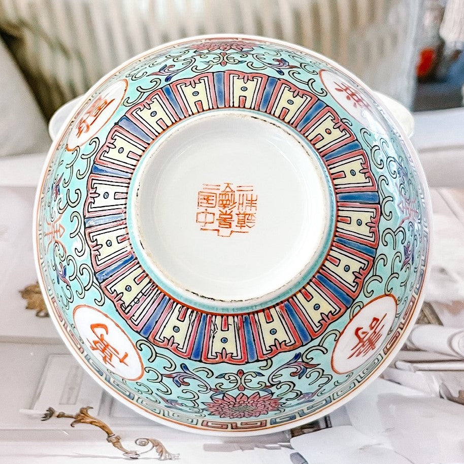 Turquoise Famille Rose Enamel Rice Bowls With Spoons