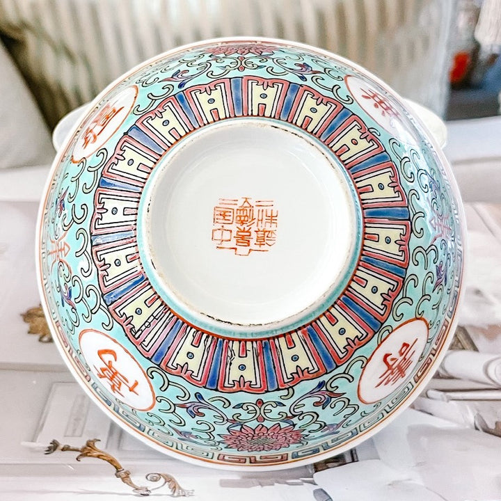 Turquoise Famille Rose Enamel Rice Bowls With Spoons