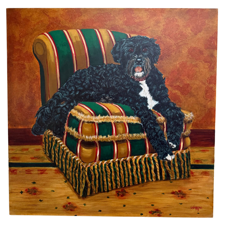 Pair of Large Original Oil Portraits of a Portuguese Water Dog on a Striped Bergère