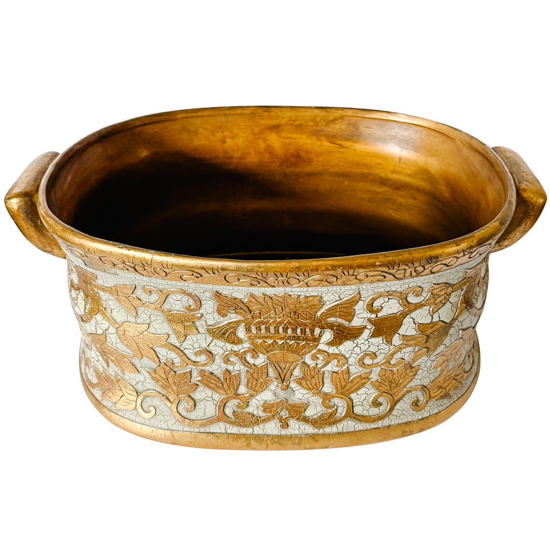 Large Scale Vintage Italian Style Gold Gilt & Ivory Crackle Porcelain Foot Bath Jardiniere Planter