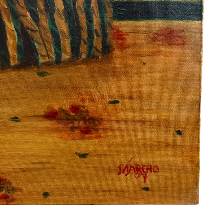 Pair of Large Original Oil Portraits of a Portuguese Water Dog on a Striped Bergère