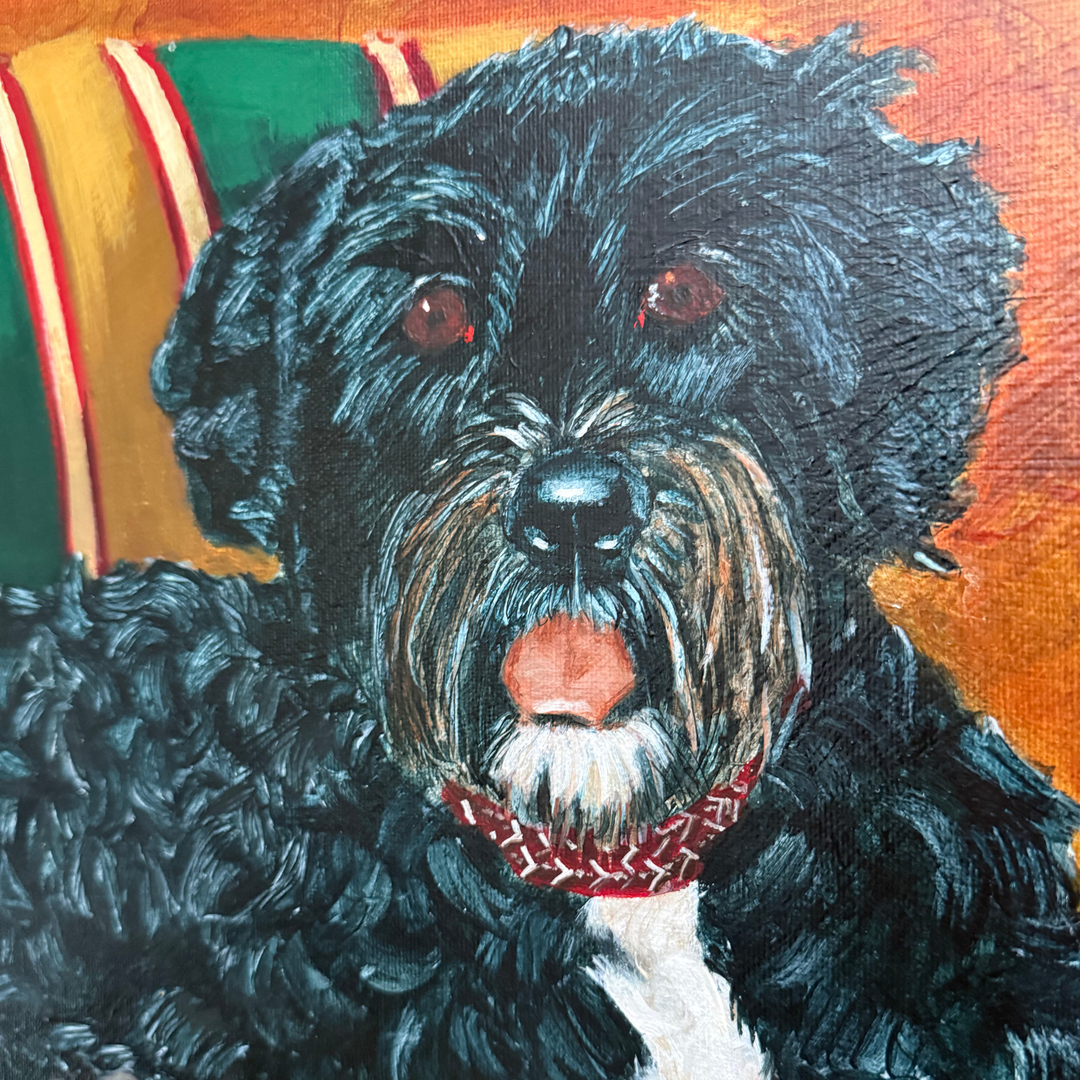 Pair of Large Original Oil Portraits of a Portuguese Water Dog on a Striped Bergère