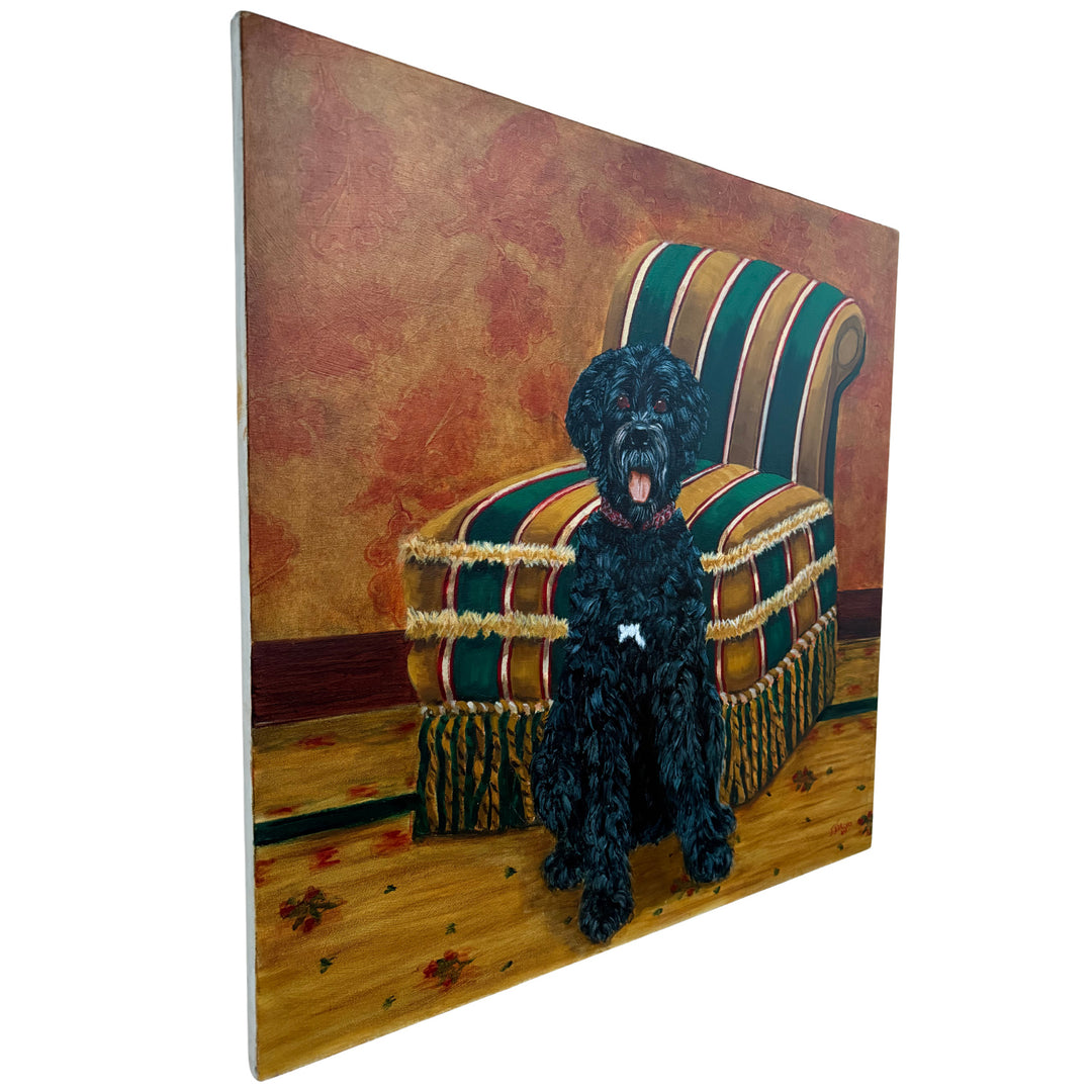 Pair of Large Original Oil Portraits of a Portuguese Water Dog on a Striped Bergère