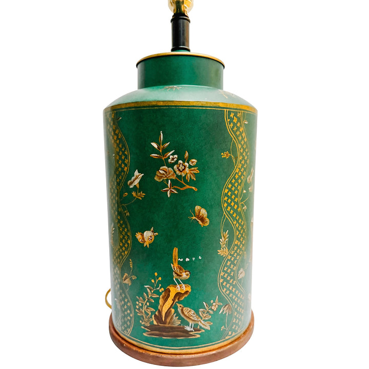 Pair of 1970s Large Frederick Cooper Emerald Green Hand-Painted Green Tole Chinoiserie Table Lamps