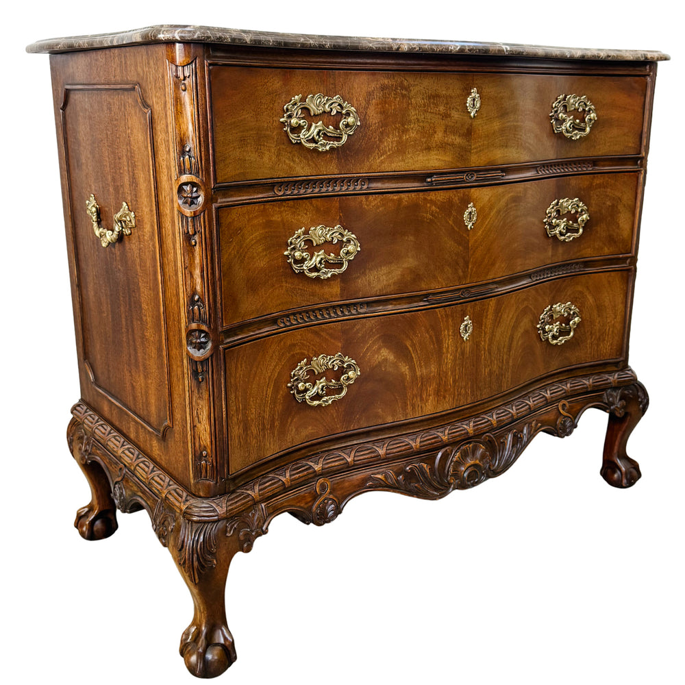 Henredon Louis XV Style Serpentine Mahogany Commode With Marble Top & Ball and Claw Feet