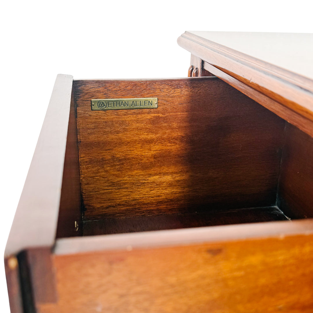 Vintage Ethan Allen Faux Bamboo & Flame Mahogany Console Table With Woven Cane Shelf