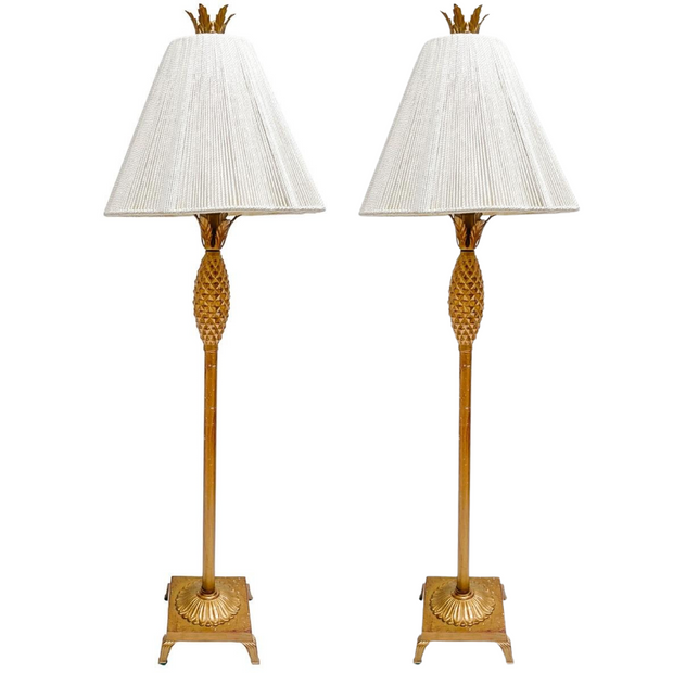 Hollywood Regency Tall Gold Tole Pineapple Table Lamps