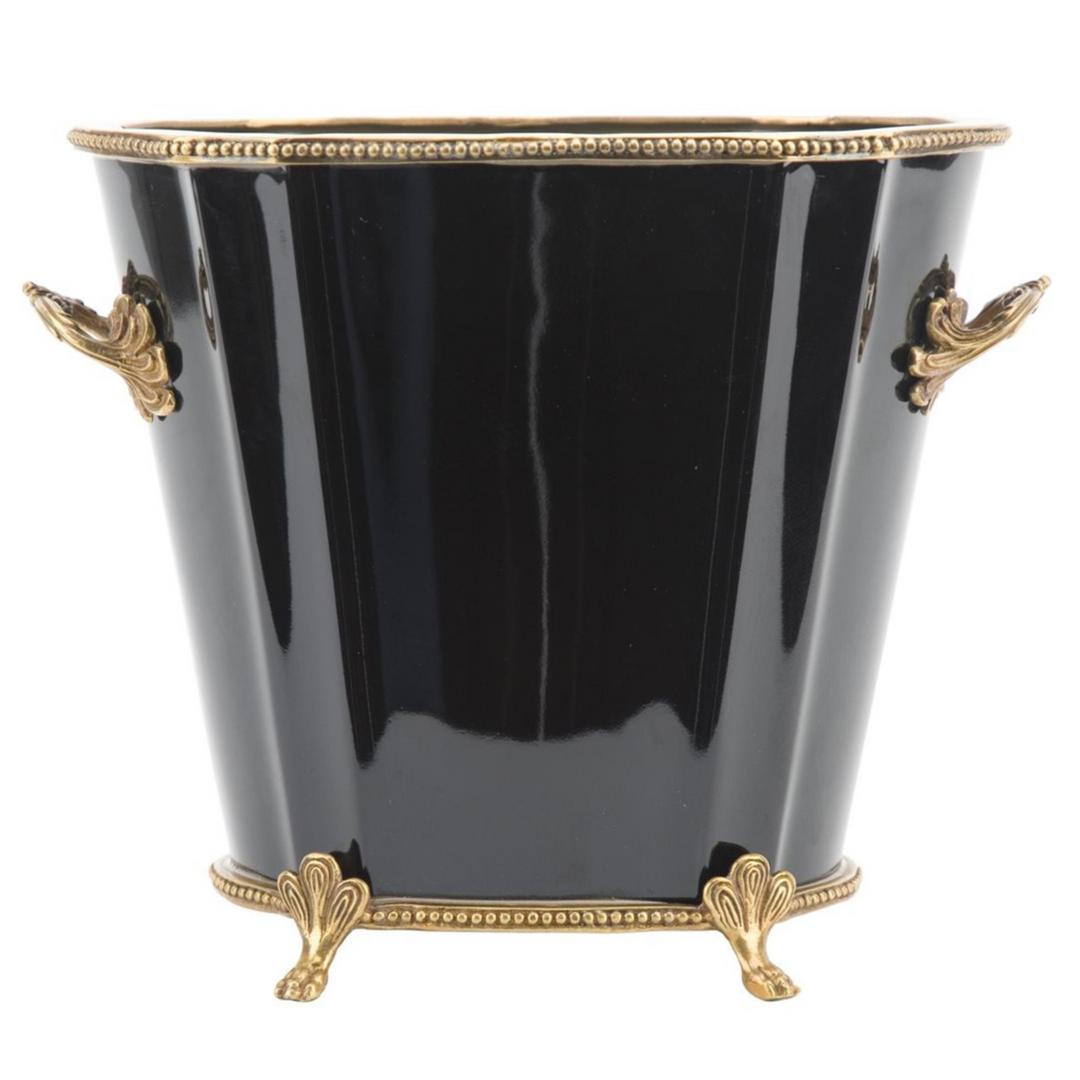 High Gloss Black Porcelain Oval Cachepot With Bronze Ormolu