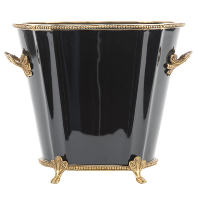 High Gloss Black Porcelain Oval Cachepot With Bronze Ormolu