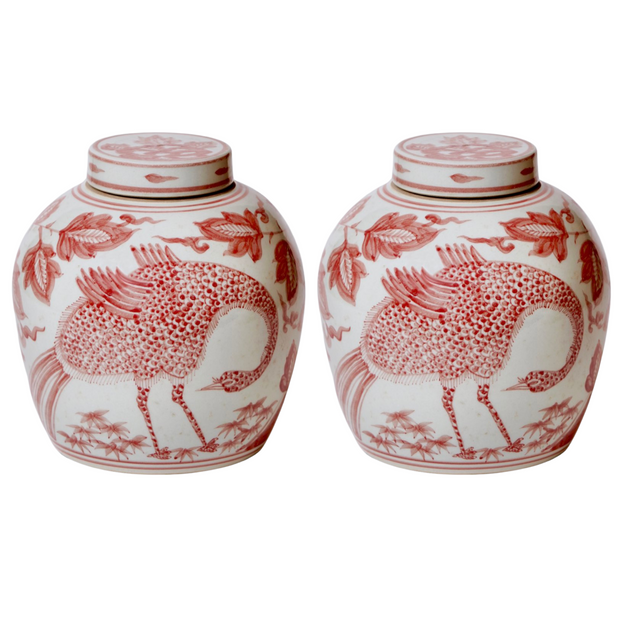 Chinese Red & White Peacock Porcelain Lidded Jar