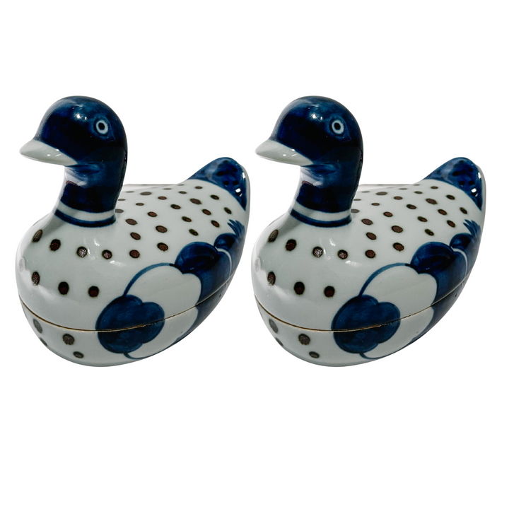 Pair Of Chinese Blue & White Porcelain Duck Boxes