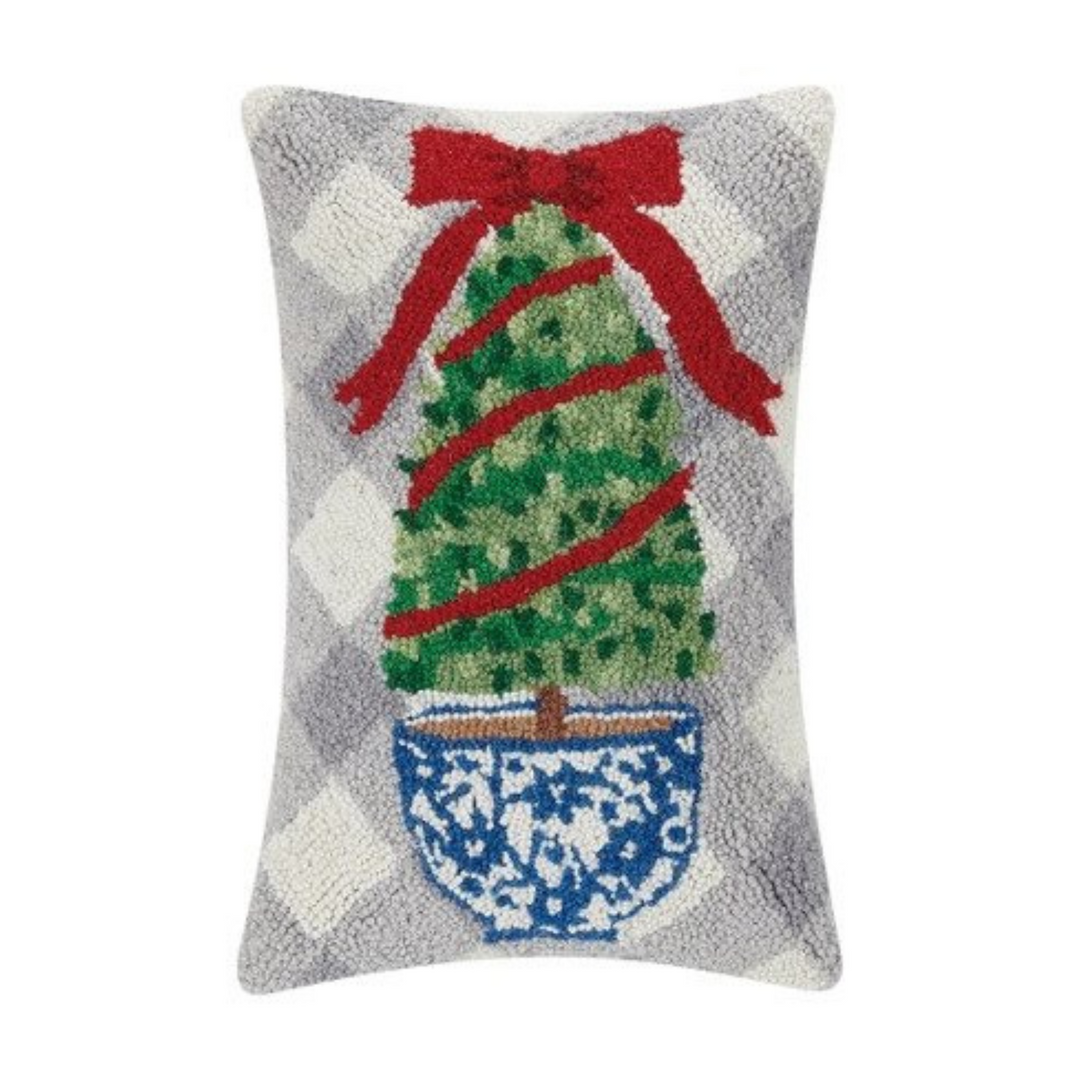 Chinoiserie Christmas Topiary Wool Hooked Pillow