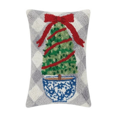 Chinoiserie Christmas Topiary Wool Hooked Pillow