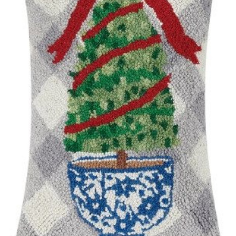 Chinoiserie Christmas Topiary Wool Hooked Pillow