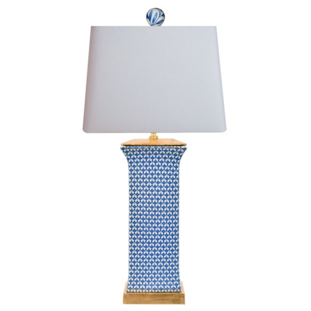 Blue & White Fishnet Porcelain Table Lamps With Gold Base