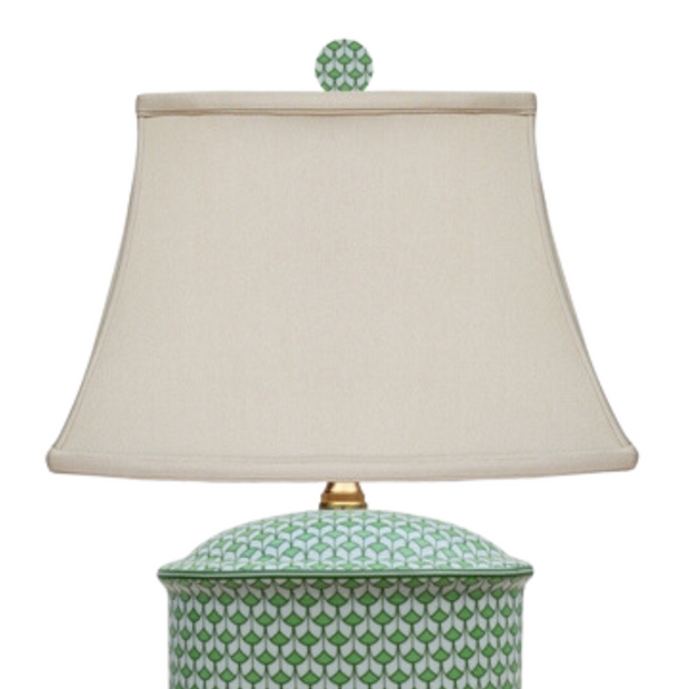 Green & White Fishnet Porcelain Table Lamp With Gold Base