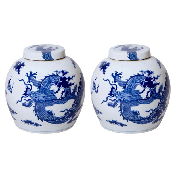 Pair of Blue & White Chinese Dragon Ginger Jars