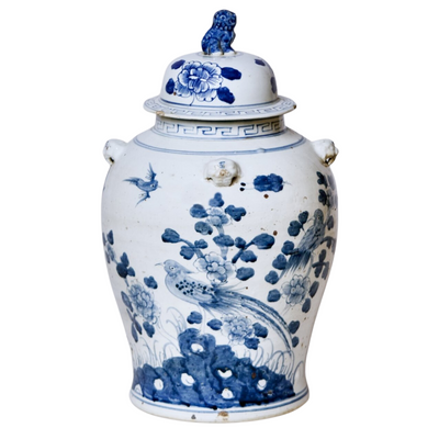 Large Chinoiserie Blue & White Phoenix Bird Temple Jar 20"H