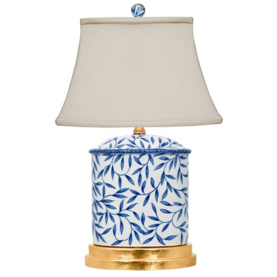 Pair Of Blue & White Bamboo Leaf Porcelain Table Lamps With Gold Base