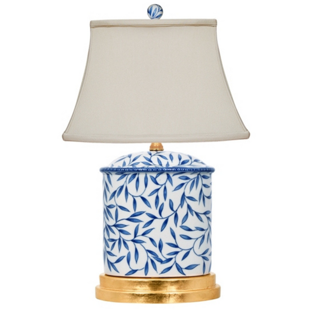 Pair Of Blue & White Bamboo Leaf Porcelain Table Lamps With Gold Base