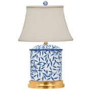 Single Blue & White Bamboo Leaf Porcelain Table Lamp With Gold Base