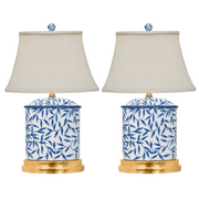 Pair Of Blue & White Bamboo Leaf Porcelain Table Lamps With Gold Base