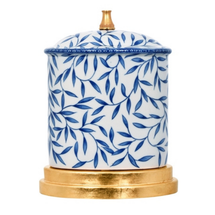 Pair Of Blue & White Bamboo Leaf Porcelain Table Lamps With Gold Base