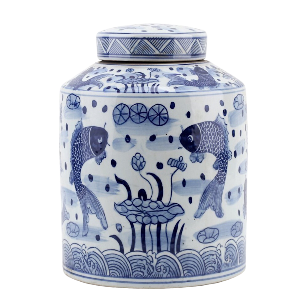 Pair of Large 11.5" Blue & White Koi Fish Lidded Jars