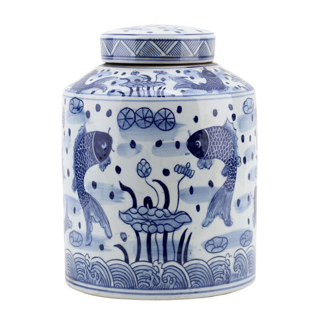 Pair of Large 11.5" Blue & White Koi Fish Lidded Jars