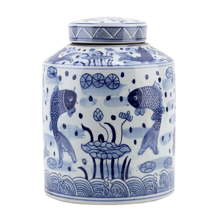 Pair of Large 11.5" Blue & White Koi Fish Lidded Jars