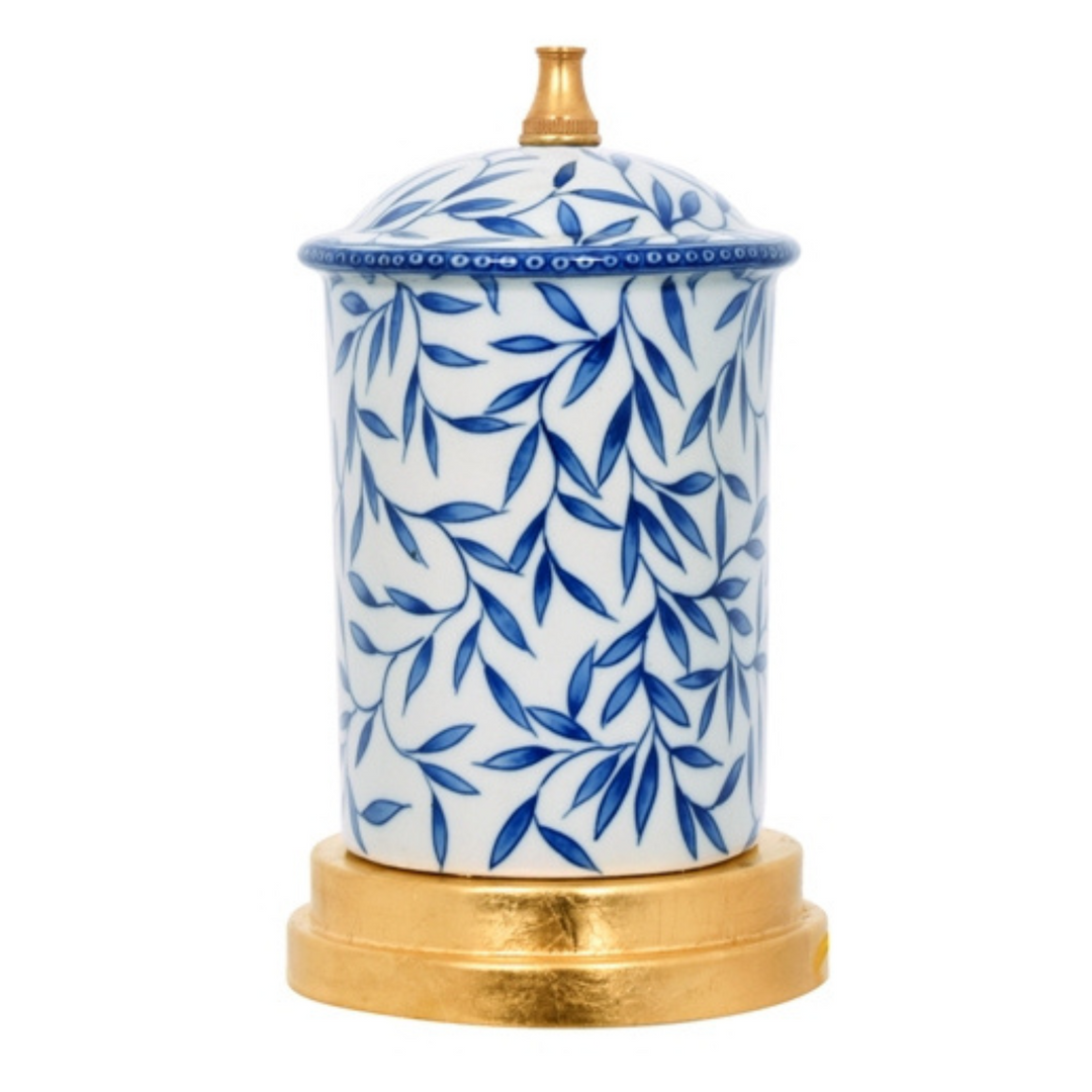 Pair Of Blue & White Bamboo Leaf Porcelain Table Lamps With Gold Base