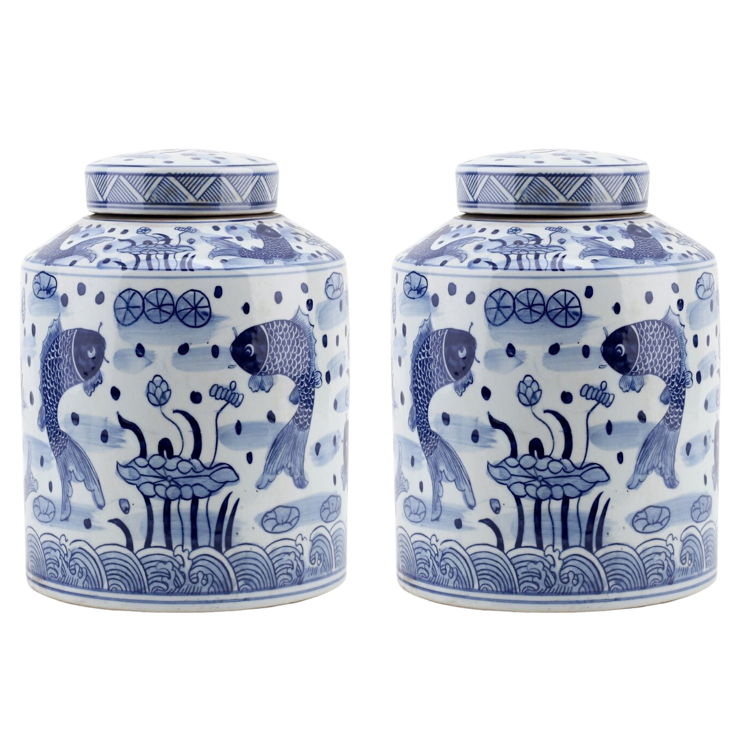 Pair of Large 11.5" Blue & White Koi Fish Lidded Jars