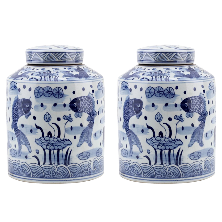 Pair of Large 11.5" Blue & White Koi Fish Lidded Jars