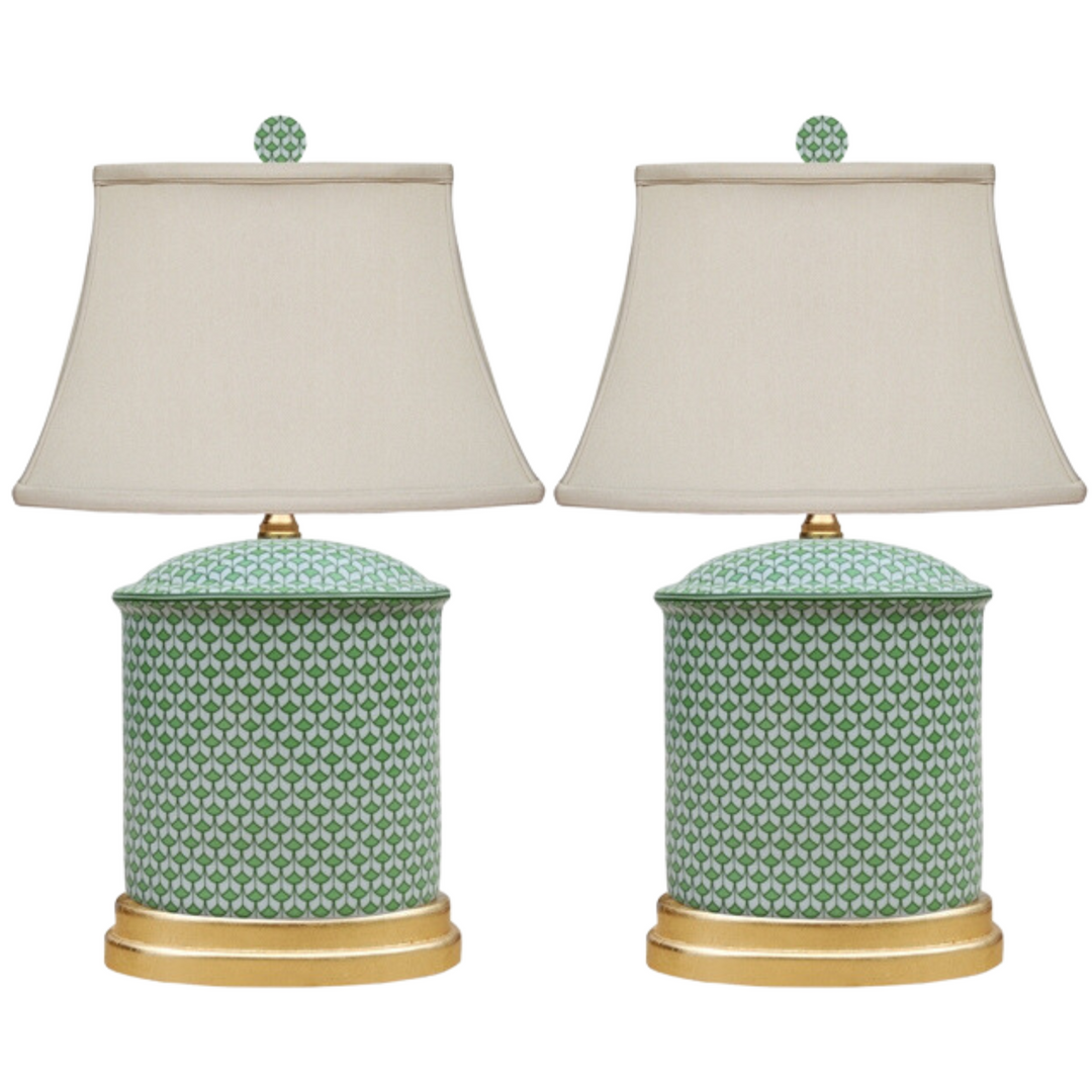 Pair Of Green & White Fishnet Porcelain Table Lamps With Gold Base