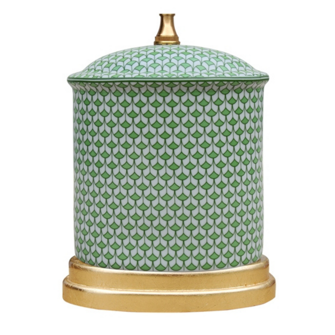 Pair Of Green & White Fishnet Porcelain Table Lamps With Gold Base