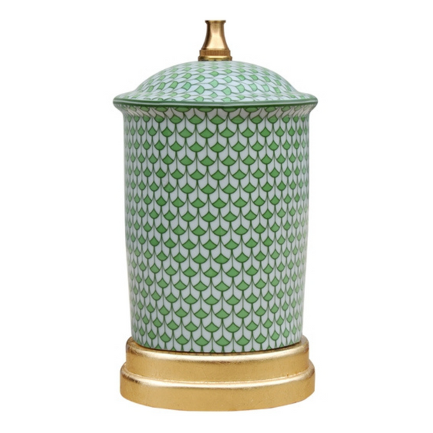 Pair Of Green & White Fishnet Porcelain Table Lamps With Gold Base