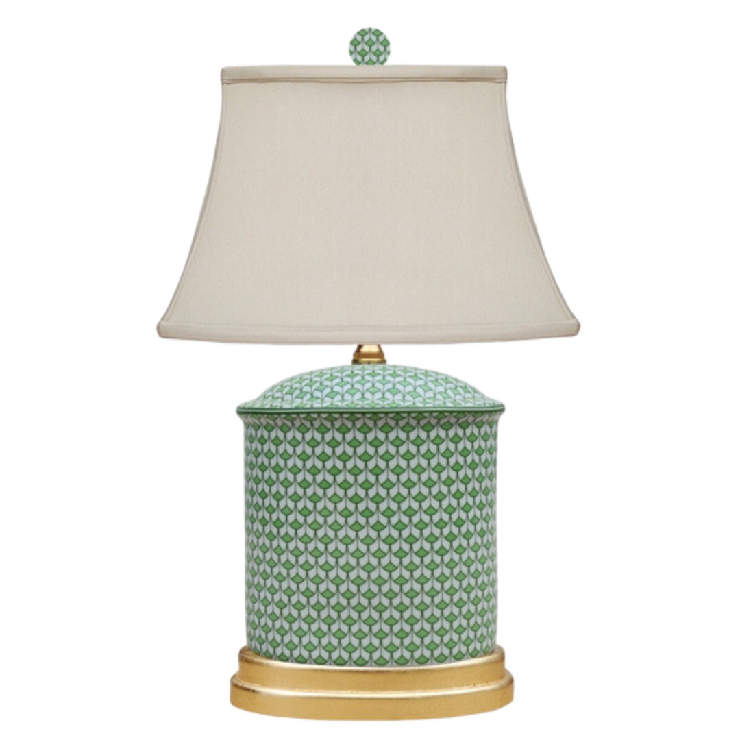 Green & White Fishnet Porcelain Table Lamp With Gold Base