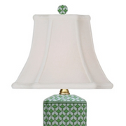 Single Petite Green & White Fishnet Porcelain Table Lamp With Gold Base