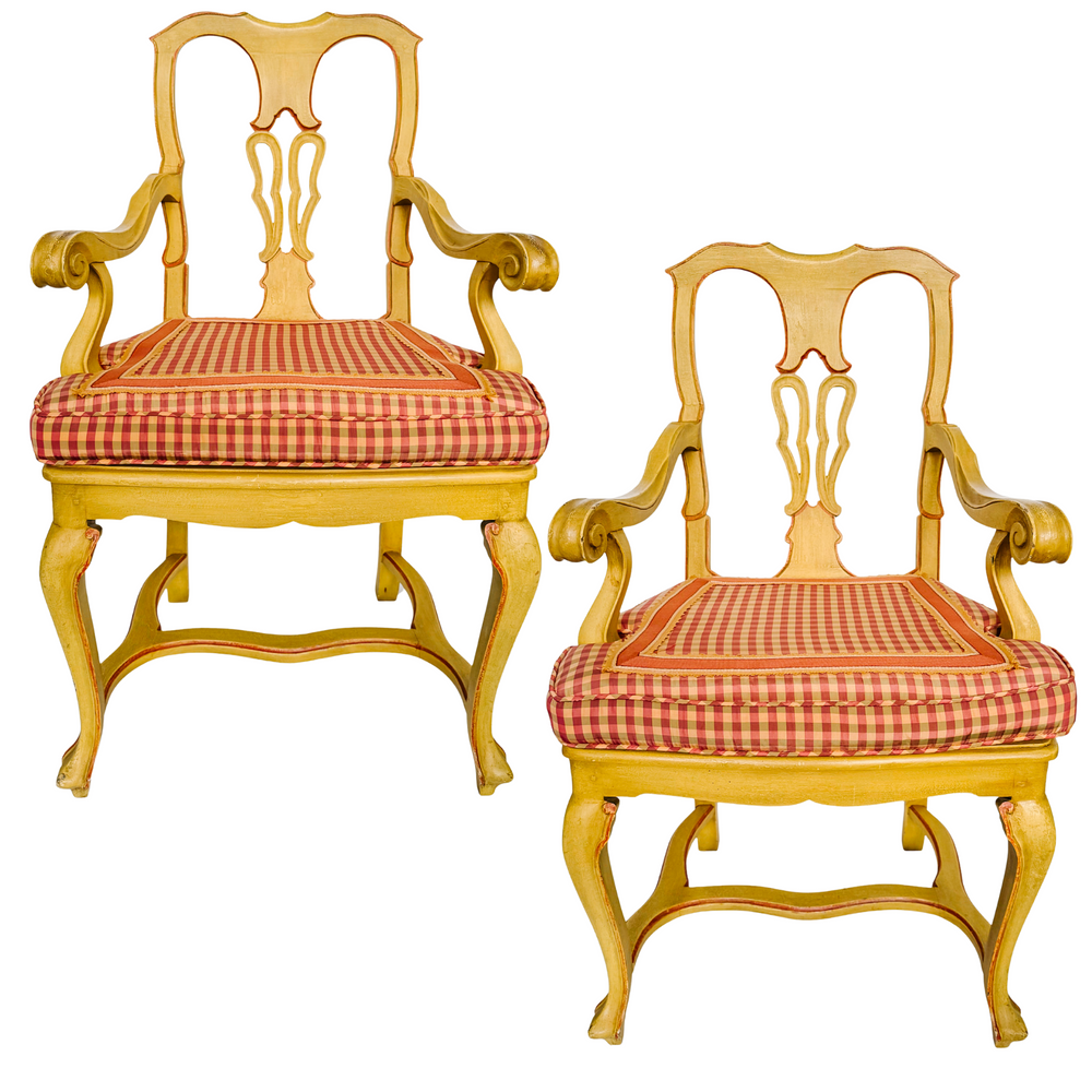 Venetian Yellow Wood Upholstered Accent Armchairs - A Pair