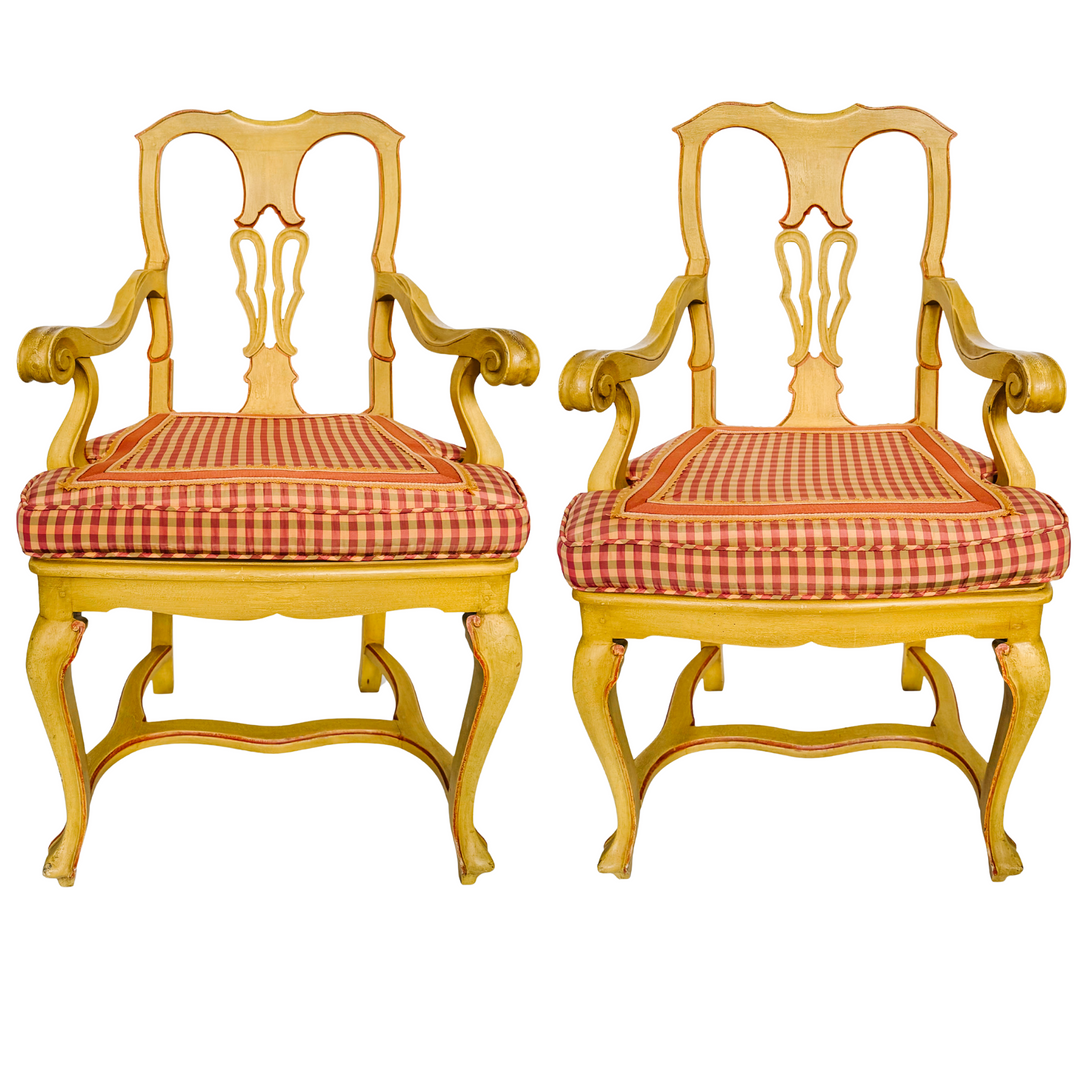 Venetian Yellow Wood Upholstered Accent Armchairs - A Pair