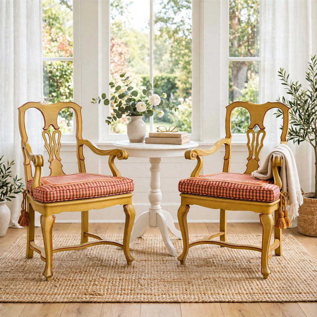 Pair of Venetian Yellow Wood Upholstered Accent Armchairs