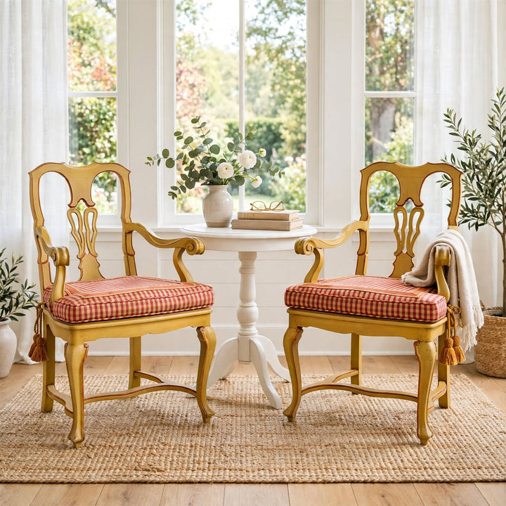 Pair of Venetian Yellow Wood Upholstered Accent Armchairs