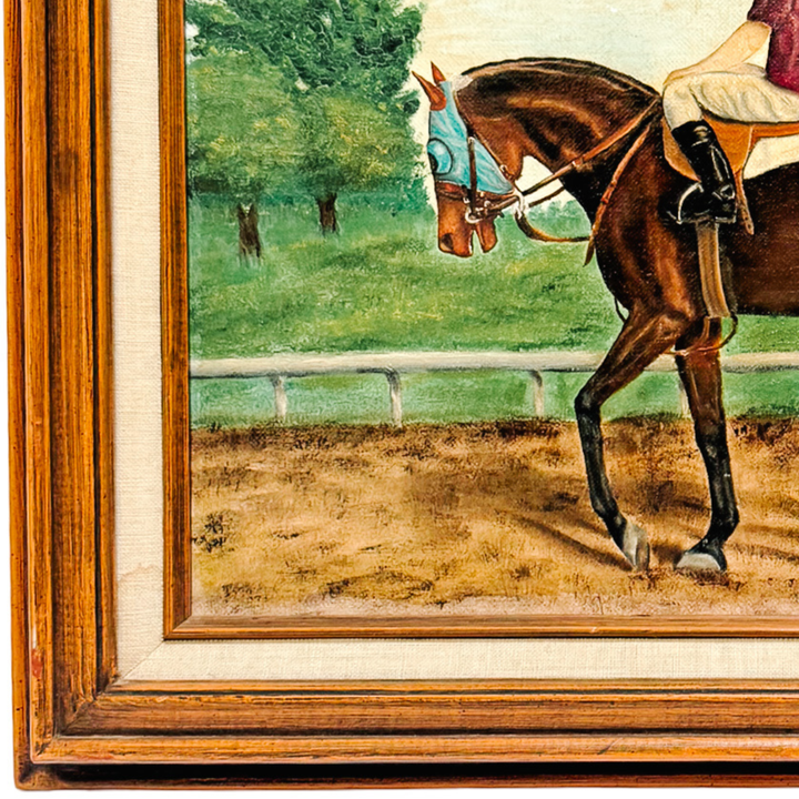 Vintage 1973 Signed Equestrian Oil Painting – "Thoroughbred Workout" by Bonnie Roseberry