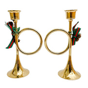 Vintage Brass Horns Christmas Candlestick Holders