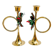 Pair of 1980s  Brass Horns Christmas Candlestick Holders