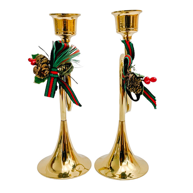 Vintage Brass Horns Christmas Candlestick Holders