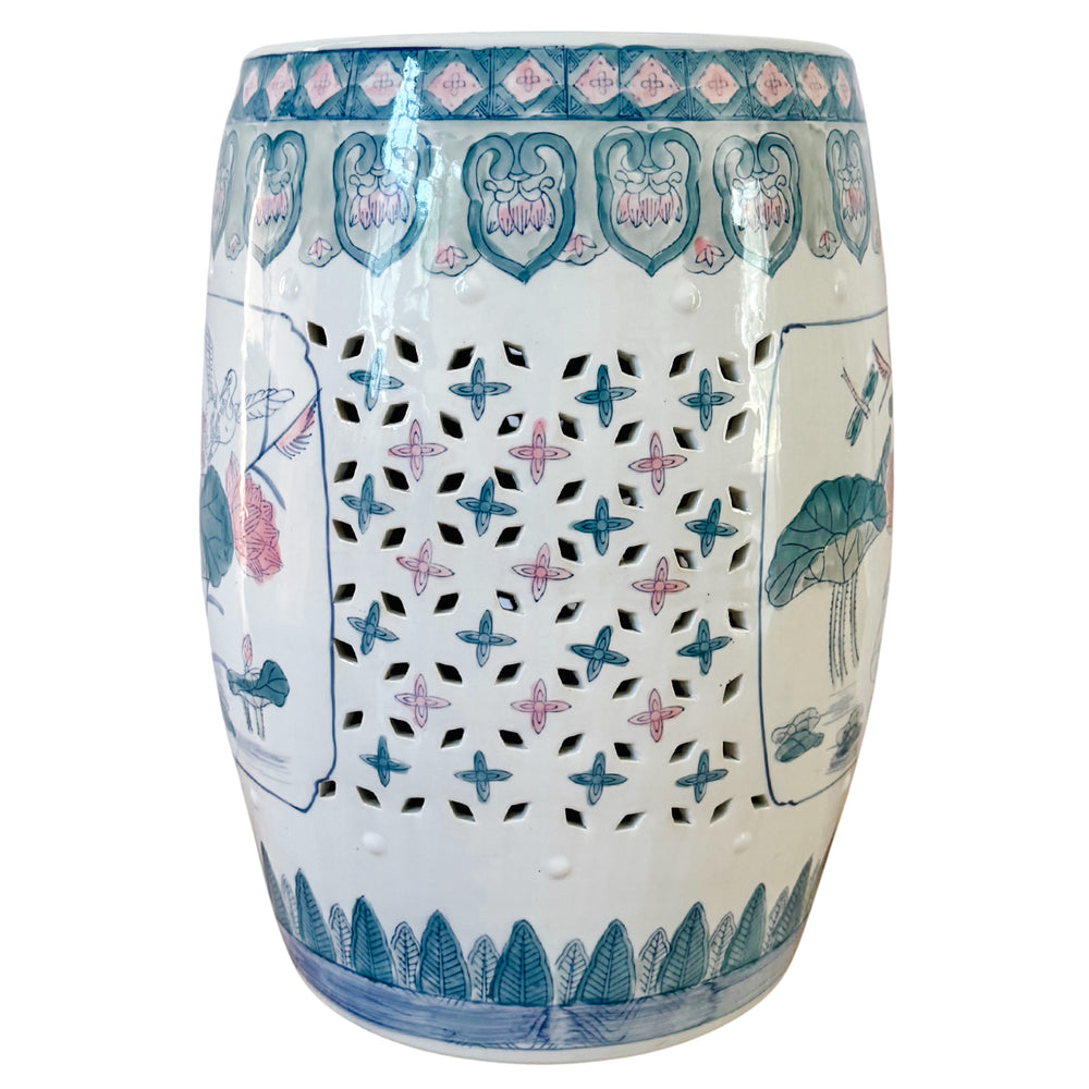 Vintage Chinese Ceramic Pink Lotus Garden Stool