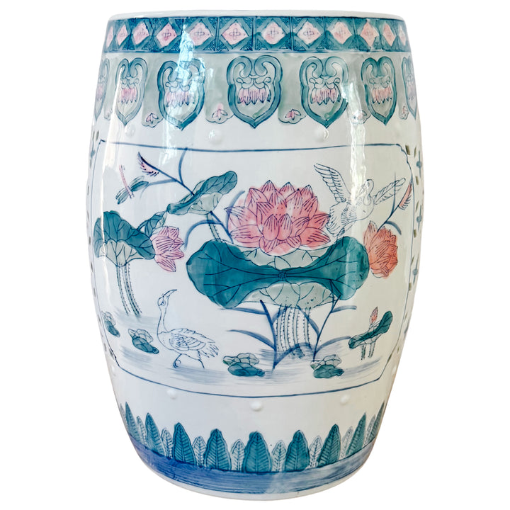 Vintage Chinese Ceramic Pink Lotus Garden Stool
