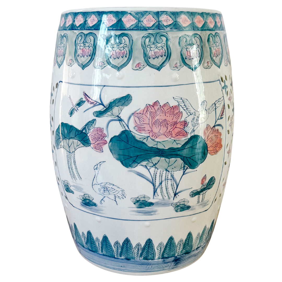 Vintage Chinese Ceramic Pink Lotus Garden Stool