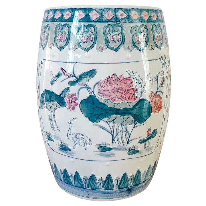 Vintage Chinese Ceramic Pink Lotus Garden Stool